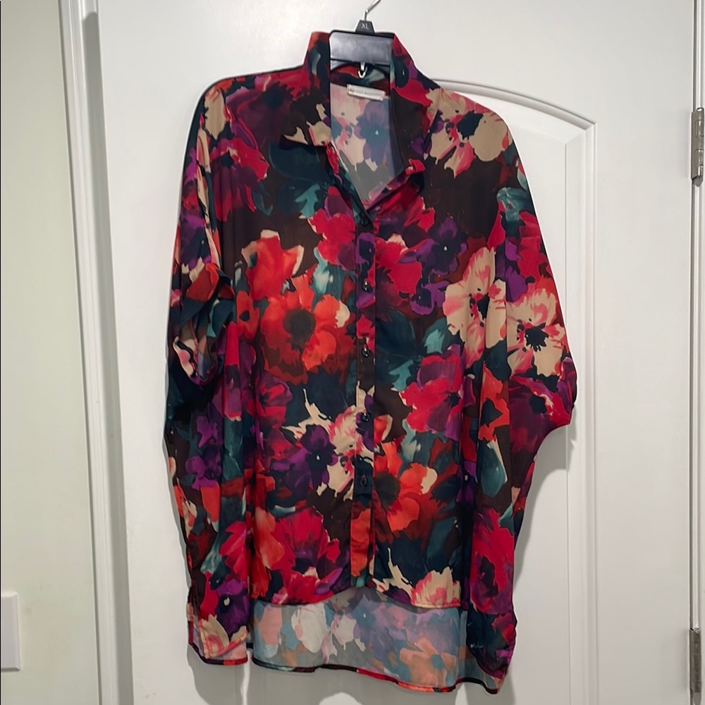 Pink and Red Long Sleeve Oversized Blouse with Notched Collar